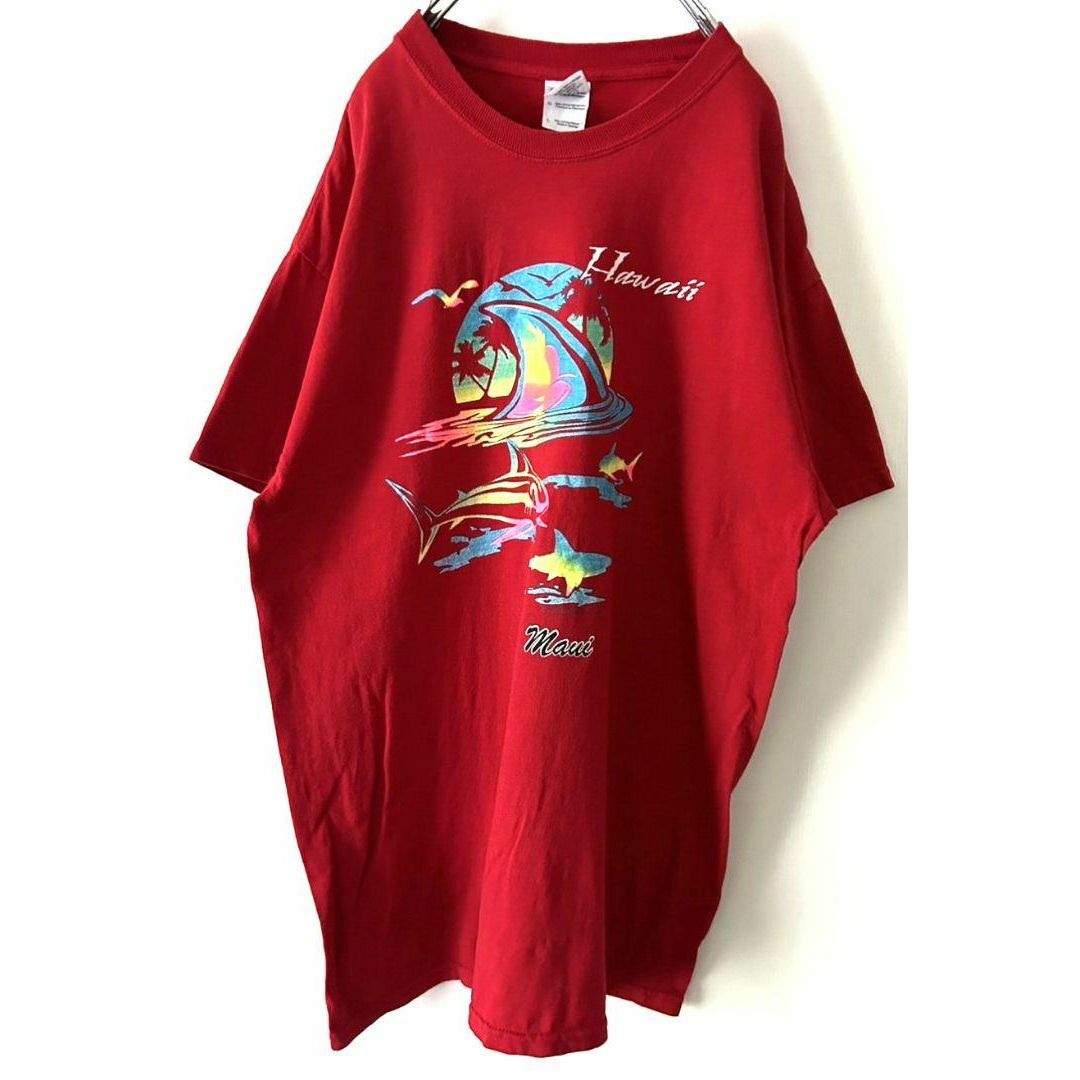 ギルダン ハワイ マウイ フィッシュ サメ Tシャツ L レッド 赤 古着 メンズのトップス(Tシャツ/カットソー(半袖/袖なし))の商品写真