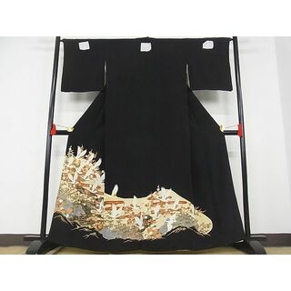 平和屋-こころ店■豪華黒留袖　群鶴流水花文　金彩　正絹　逸品　AAAD4712Bwt(着物)