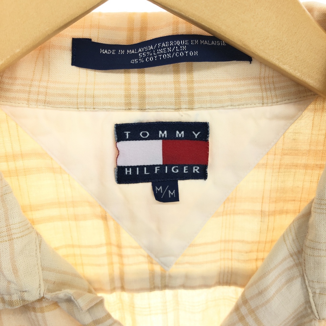 TOMMY HILFIGER(トミーヒルフィガー)の古着 90年代 トミーヒルフィガー TOMMY HILFIGER チェック柄 半袖 オープンカラー リネン×コットンシャツ メンズM ヴィンテージ /eaa448694 メンズのトップス(シャツ)の商品写真