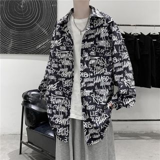 【再入荷！】XL シャツ 総柄 オーバーサイズ ブラック ストリート 黒(シャツ)