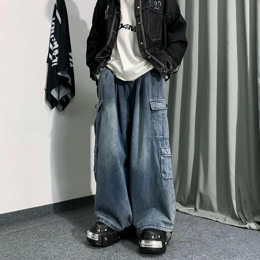 757 デニム 立体ポケット カーゴパンツ ユニセックス ジーンズ 青 L メンズのパンツ(デニム/ジーンズ)の商品写真