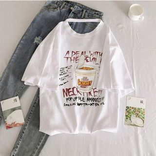 アメカジ XL 白 Tシャツ 春 夏 半袖 背中見せ ラーメン フロントプリント(Tシャツ(半袖/袖なし))