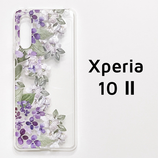 Xperia 10 Ⅱ クリア 紫 花 ソフトケース カバー 透明(Androidケース)