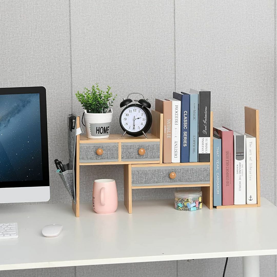 【色:木色】HEMERON 木製の拡張可能な机上本棚、デスクトップ本棚、机の本棚 インテリア/住まい/日用品のオフィス用品(オフィス用品一般)の商品写真