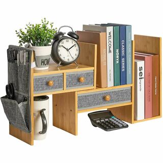 【色:木色】HEMERON 木製の拡張可能な机上本棚、デスクトップ本棚、机の本棚(オフィス用品一般)