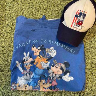 ディズニー(Disney)のUS古着　ディズニー半袖　ヴィンテージミッキーキャップ　ブルー　アメリカキャップ(Tシャツ/カットソー(半袖/袖なし))