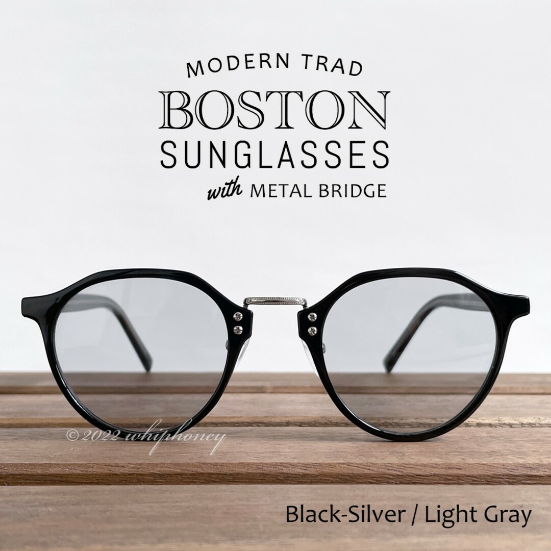 モダン×トラッドなクラウンパントUVサングラス ピアノブラック 黒縁ライトグレー メンズのファッション小物(サングラス/メガネ)の商品写真