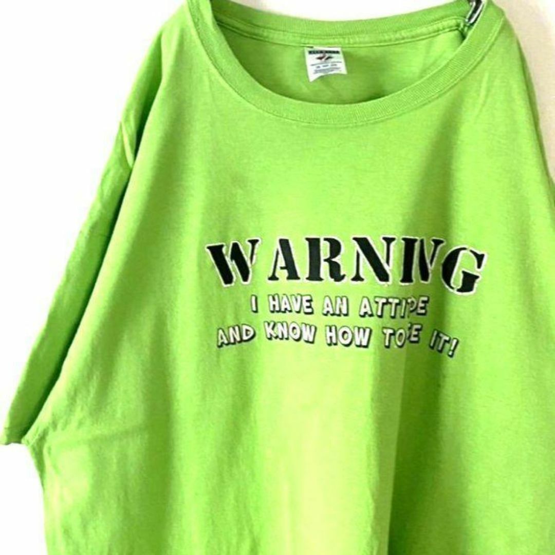 JERZEES(ジャージーズ)のジャージーズ WARNING Tシャツ 2XL ライトグリーン 黄緑 古着 メンズのトップス(Tシャツ/カットソー(半袖/袖なし))の商品写真