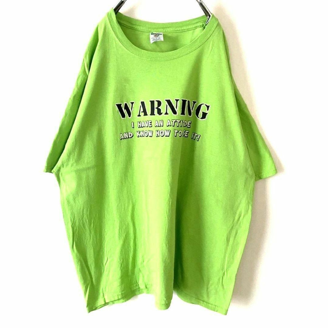 JERZEES(ジャージーズ)のジャージーズ WARNING Tシャツ 2XL ライトグリーン 黄緑 古着 メンズのトップス(Tシャツ/カットソー(半袖/袖なし))の商品写真
