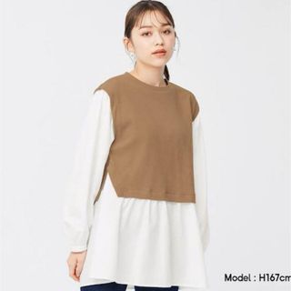 ジーユー(GU)の【GU】　ジーユー　ベスト　コンビネーションチュニック(長袖) （L）ブラウン(Tシャツ/カットソー(七分/長袖))