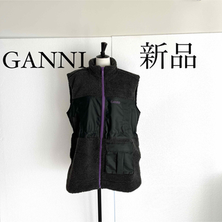 GANNI ガニー　ロゴ入りボアベスト　ブラック　XS(34)サイズ(その他)