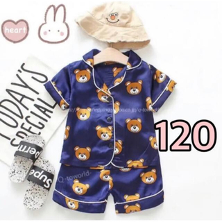 【120】パジャマ　上下セット　2点セット　クマ　総柄　韓国子供服　ネイビー(パジャマ)