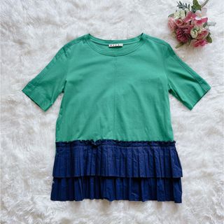 MARNI フリルTシャツ　コットン100% プリーツ　ネイビー　グリーン　半袖