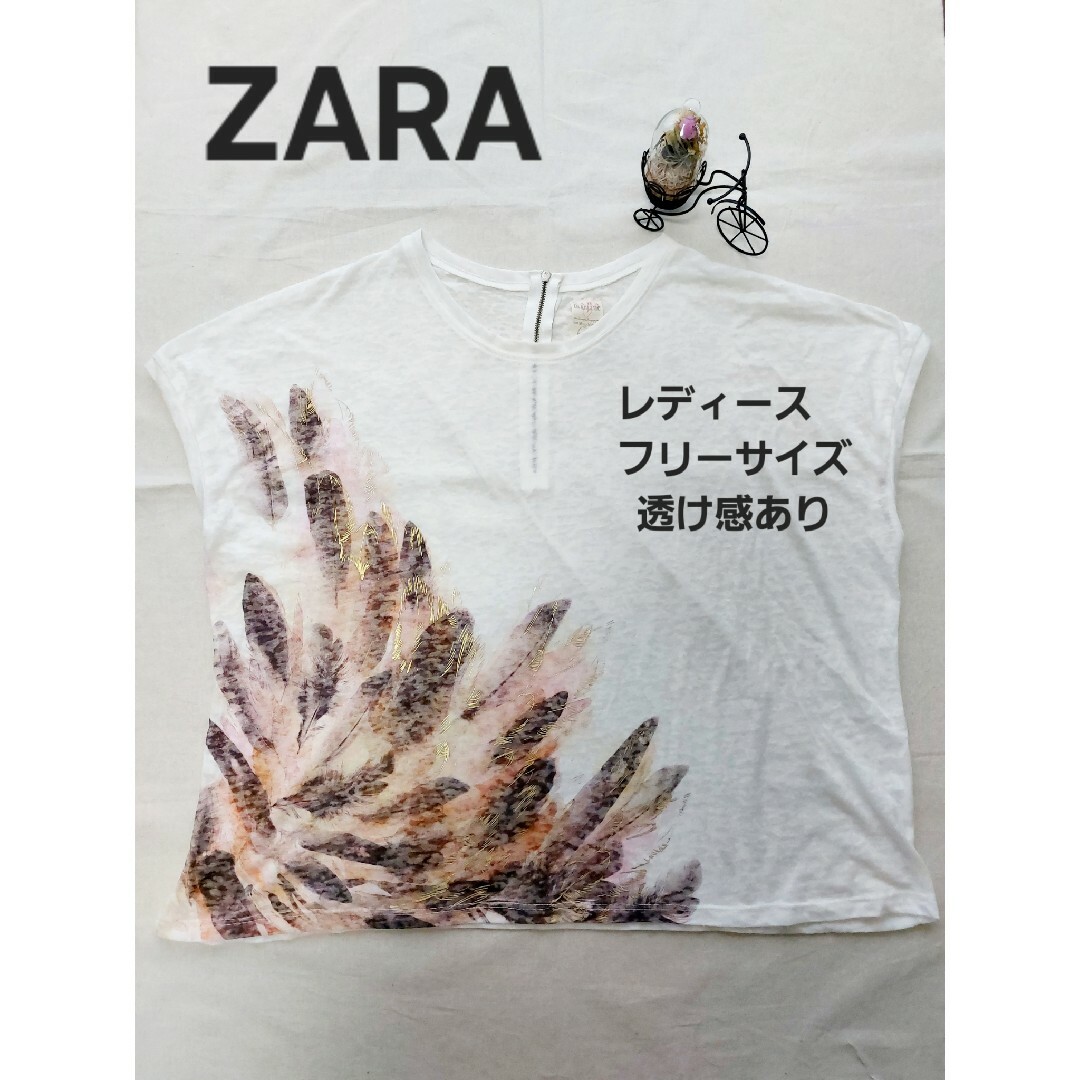 ZARA(ザラ)のZARA　レディース透け感白Tシャツ　柄あり　フリーサイズ レディースのトップス(Tシャツ(半袖/袖なし))の商品写真