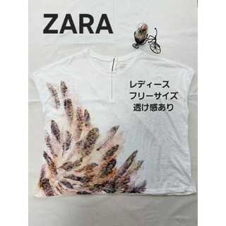ザラ(ZARA)のZARA　レディース透け感白Tシャツ　柄あり　フリーサイズ(Tシャツ(半袖/袖なし))