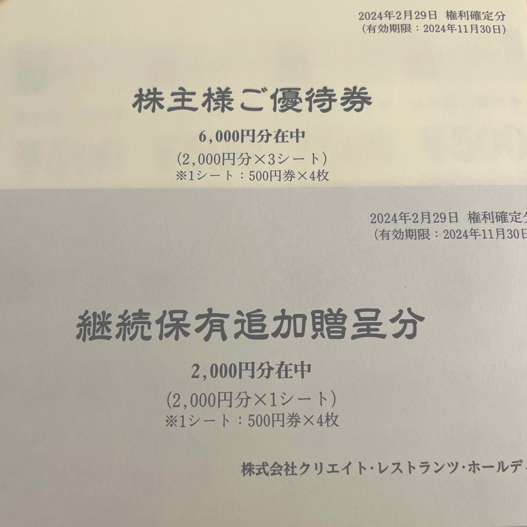 クリエイトレストランツ  株主優待　8000 チケットの優待券/割引券(レストラン/食事券)の商品写真