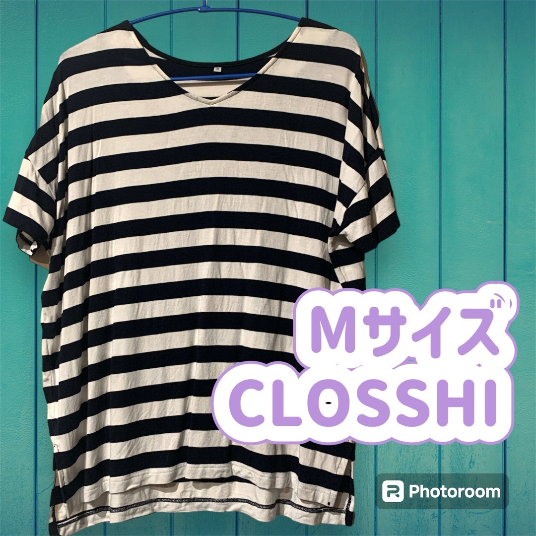 しまむら(シマムラ)のMサイズ　CLOSSHI Ｖネック　ボーダーカットソー　黒　ドロップショルダー レディースのトップス(Tシャツ(半袖/袖なし))の商品写真
