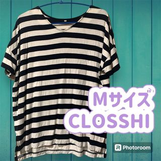 シマムラ(しまむら)のMサイズ　CLOSSHI Ｖネック　ボーダーカットソー　黒　ドロップショルダー(Tシャツ(半袖/袖なし))