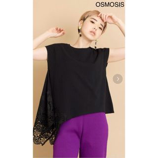 オズモーシス(OSMOSIS)の【OSMOSIS】裾レースアシメトリーカットソー  フレンチスリーブ  黒(Tシャツ/カットソー(半袖/袖なし))