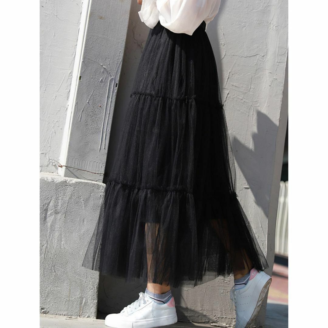 チュール　スカート　ティアード　黒　ロングスカート　レイヤード 　ゆったり レディースのスカート(ロングスカート)の商品写真