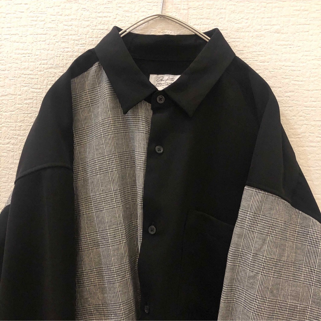 【古着】切替シャツ　モノトーン　グレンチェック　L  黒　ポリシャツ メンズのトップス(シャツ)の商品写真