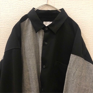 【古着】切替シャツ　モノトーン　グレンチェック　L  黒　ポリシャツ(シャツ)