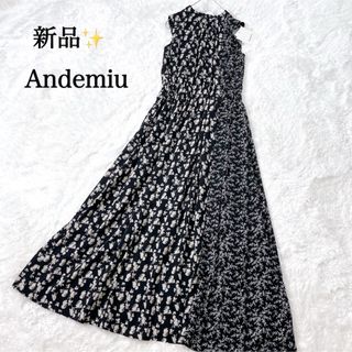 新品✨️Andemiu 花柄切り替え ノースリーブ ロングワンピース 黒 フレア