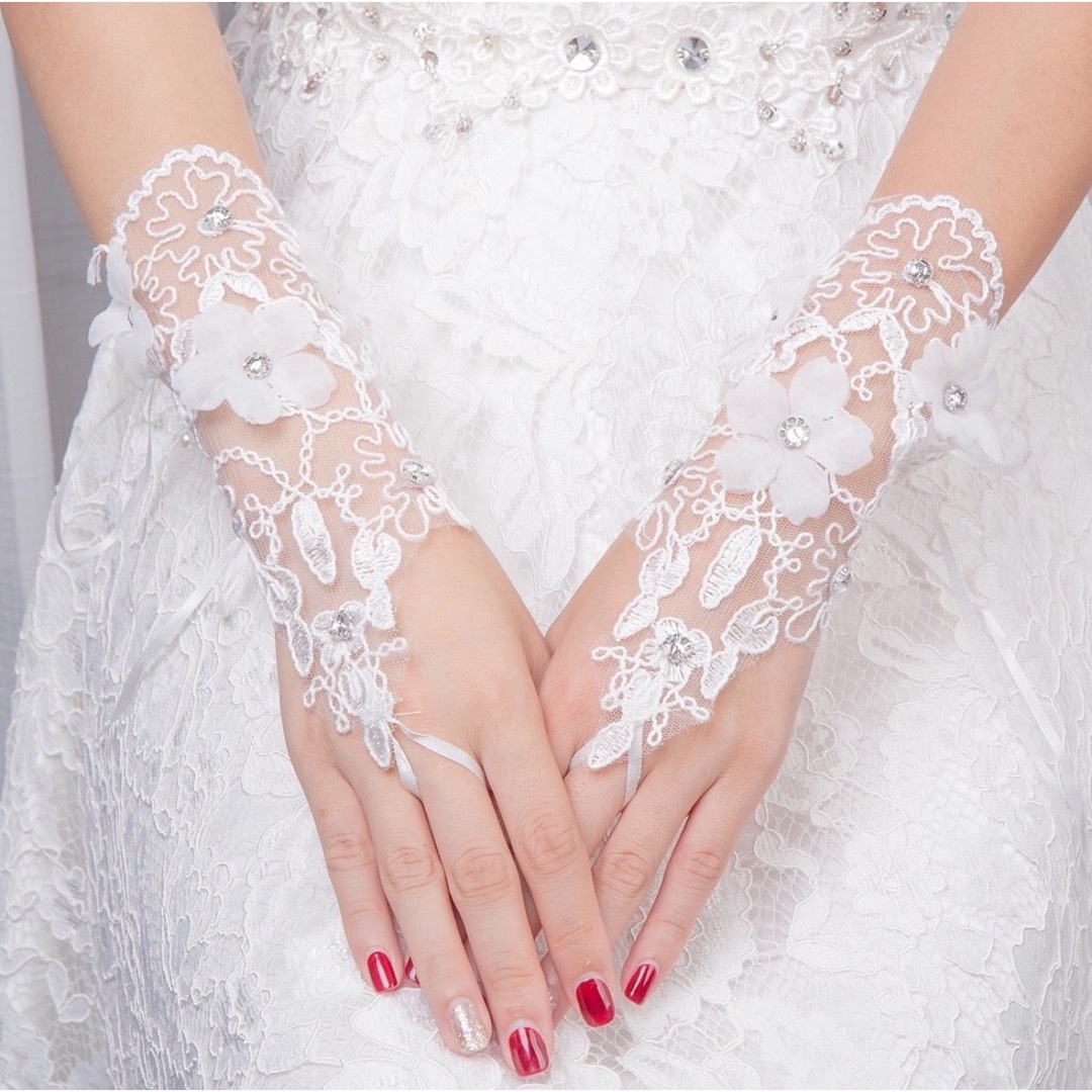 ブライダルアクセサリー グローブ 手袋 結婚式 フィンガーレス レース フラワー レディースのフォーマル/ドレス(その他)の商品写真