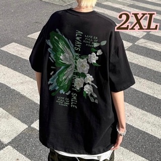 【2XL】Ｔシャツ　トップス　半袖　プリント　男女兼用　ブラック　オーバーサイズ(Tシャツ/カットソー(半袖/袖なし))