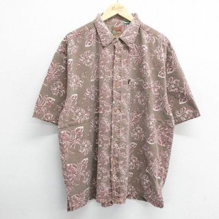 XL★古着 半袖 ハワイアン シャツ メンズ 90年代 90s 花 総柄 大きいサイズ コットン 茶他 ブラウン 24may16 中古 アロハ トップス(シャツ)