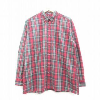 XL★古着 バンヒューセン 長袖 シャツ メンズ 90年代 90s ボタンダウン エンジ他 チェック 24may16 中古 トップス(シャツ)