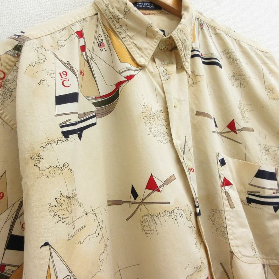 Ralph Lauren(ラルフローレン)のXL★古着 ラルフローレン Ralph Lauren チャップス 半袖 ブランド シャツ メンズ 90年代 90s ヨット 総柄 地図 大きいサイズ コットン ボタンダウン ベージュ系 カーキ 24may16 中古 トップス メンズのトップス(シャツ)の商品写真