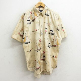 ラルフローレン(Ralph Lauren)のXL★古着 ラルフローレン Ralph Lauren チャップス 半袖 ブランド シャツ メンズ 90年代 90s ヨット 総柄 地図 大きいサイズ コットン ボタンダウン ベージュ系 カーキ 24may16 中古 トップス(シャツ)