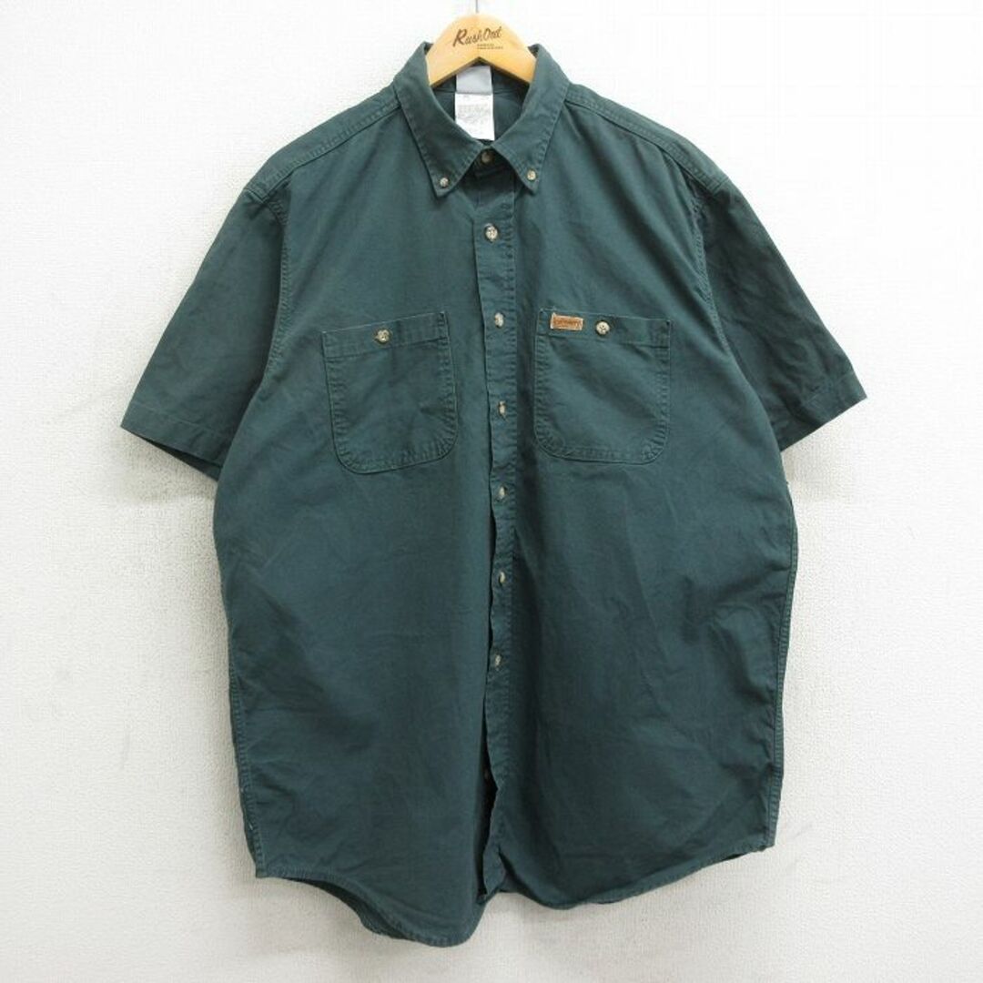 Charhartt WIP(カーハートダブリューアイピー)のXL★古着 カーハート Carhartt 半袖 シャツ メンズ 00年代 00s ロング丈 コットン ボタンダウン 濃緑 グリーン 【spe】 24may16 中古 トップス メンズのトップス(シャツ)の商品写真