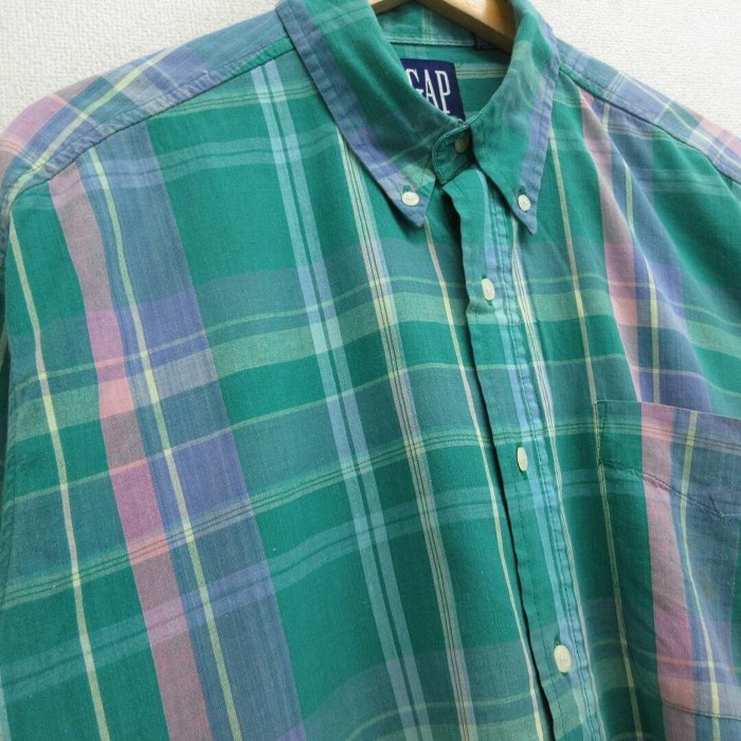 GAP(ギャップ)のXL★古着 ギャップ GAP 半袖 シャツ メンズ 90年代 90s 大きいサイズ コットン ボタンダウン 緑 グリーン チェック 【spe】 24may16 中古 トップス メンズのトップス(シャツ)の商品写真