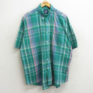 ギャップ(GAP)のXL★古着 ギャップ GAP 半袖 シャツ メンズ 90年代 90s 大きいサイズ コットン ボタンダウン 緑 グリーン チェック 【spe】 24may16 中古 トップス(シャツ)