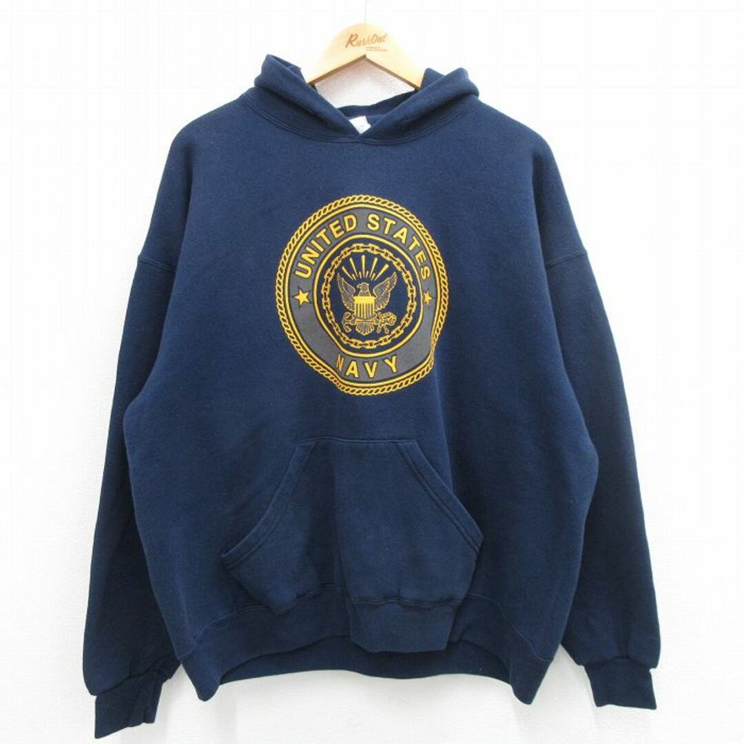 XL★古着 長袖 スウェット パーカー メンズ 00年代 00s ミリタリ－ ネイビー NAVY リフレクター 大きいサイズ USA製 紺 24may16 中古 スエット トレーナー トップス メンズのトップス(パーカー)の商品写真