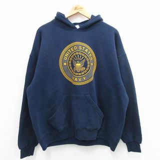 XL★古着 長袖 スウェット パーカー メンズ 00年代 00s ミリタリ－ ネイビー NAVY リフレクター 大きいサイズ USA製 紺 24may16 中古 スエット トレーナー トップス(パーカー)