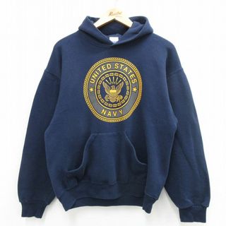 L★古着 長袖 スウェット パーカー メンズ 90年代 90s ミリタリー ネイビー NAVY リフレクター USA製 紺 24may16 中古 スエット トレーナー トップス(パーカー)