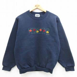 リー(Lee)のL★古着 リー Lee 長袖 スウェット メンズ 00年代 00s バーモント もみじ 刺繍 クルーネック 紺 ネイビー 24may16 中古 スエット トレーナー トップス(パーカー)