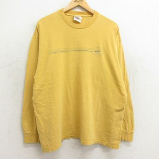 ナイキ(NIKE)のXL★古着 ナイキ NIKE 長袖 ビンテージ Tシャツ メンズ 90年代 90s ワンポイントロゴ コットン クルーネック USA製 黄 イエロー 【spe】 24may16 中古(Tシャツ/カットソー(半袖/袖なし))