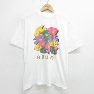 L★古着 半袖 ビンテージ Tシャツ メンズ 90年代 90s 魚 ARUBA コットン クルーネック 白 ホワイト 24may16 中古(Tシャツ/カットソー(半袖/袖なし))