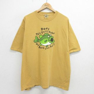 XL★古着 半袖 ビンテージ Tシャツ メンズ 00年代 00s 魚 大きいサイズ コットン クルーネック 黄色系 イエロー 24may16 中古(Tシャツ/カットソー(半袖/袖なし))