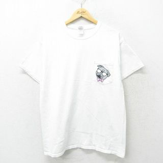 L★古着 半袖 ビンテージ Tシャツ メンズ 00年代 00s 犬 胸ポケット付き コットン クルーネック 白 ホワイト 24may16 中古(Tシャツ/カットソー(半袖/袖なし))