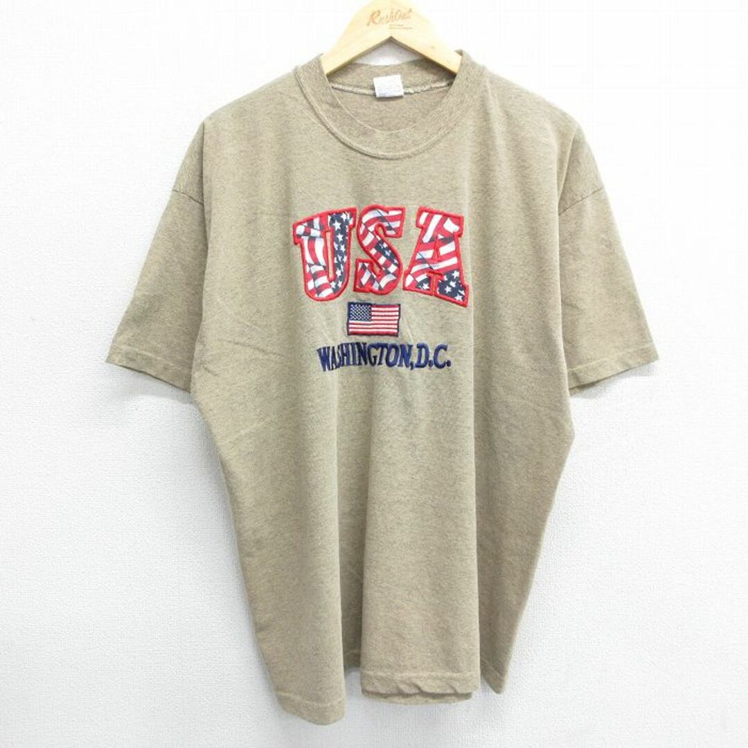 XL★古着 半袖 ビンテージ Tシャツ メンズ 90年代 90s USAロゴ ワシントンDC 星条旗 刺繍 大きいサイズ クルーネック USA製 ベージュ他 カーキ 24may16 中古 メンズのトップス(Tシャツ/カットソー(半袖/袖なし))の商品写真