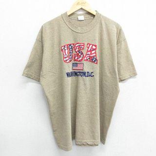 XL★古着 半袖 ビンテージ Tシャツ メンズ 90年代 90s USAロゴ ワシントンDC 星条旗 刺繍 大きいサイズ クルーネック USA製 ベージュ他 カーキ 24may16 中古(Tシャツ/カットソー(半袖/袖なし))