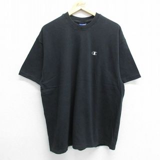 チャンピオン(Champion)のXL★古着 チャンピオン champion 半袖 ビンテージ Tシャツ メンズ 00年代 00s ワンポイントロゴ 大きいサイズ コットン クルーネック 黒 ブラック 24may16 中古(Tシャツ/カットソー(半袖/袖なし))