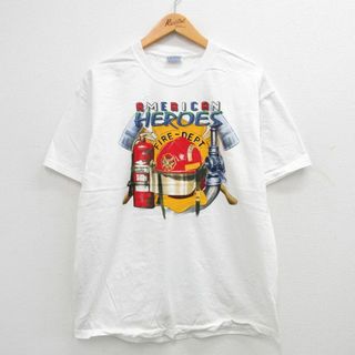 ヘインズ(Hanes)のXL★古着 ヘインズ Hanes 半袖 ビンテージ Tシャツ メンズ 00年代 00s 消防署 消火器 コットン クルーネック 白 ホワイト 24may16 中古(Tシャツ/カットソー(半袖/袖なし))