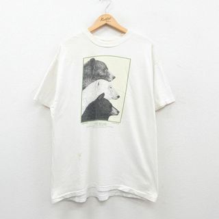 ヘインズ(Hanes)のXL★古着 ヘインズ Hanes 半袖 ビンテージ Tシャツ メンズ 90年代 90s クマ コットン クルーネック USA製 白 ホワイト 24may16 中古(Tシャツ/カットソー(半袖/袖なし))