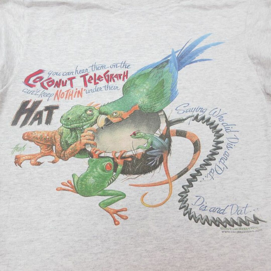 L★古着 半袖 ビンテージ Tシャツ メンズ 90年代 90s カエル 鳥 ココナッツ コットン クルーネック USA製 薄グレー 霜降り 24may16 中古 メンズのトップス(Tシャツ/カットソー(半袖/袖なし))の商品写真